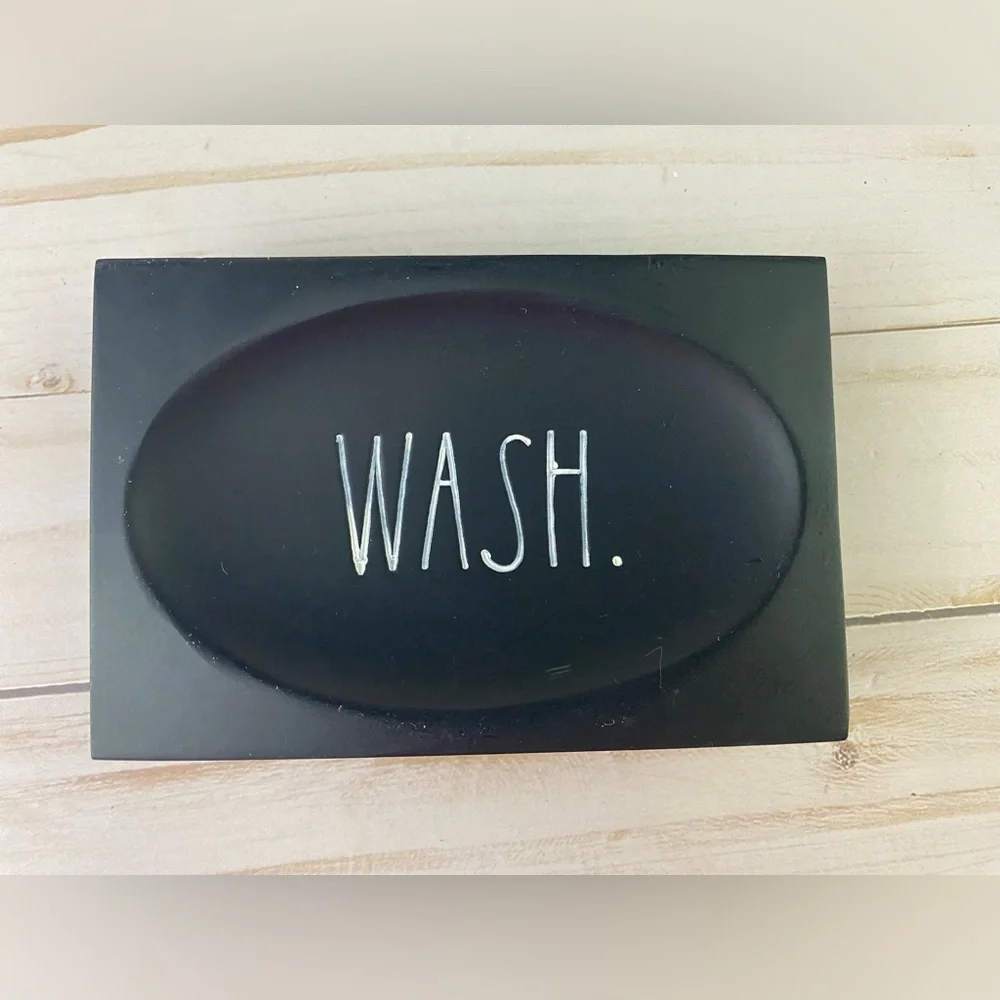 Rae Dunn WASH Black Soap Dish Wooden Base NWT